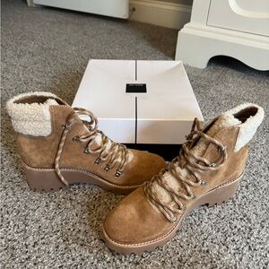 Dolce Vita Hanley Dark Saddle Suede Brown Lace Up Boots with Shearling 10